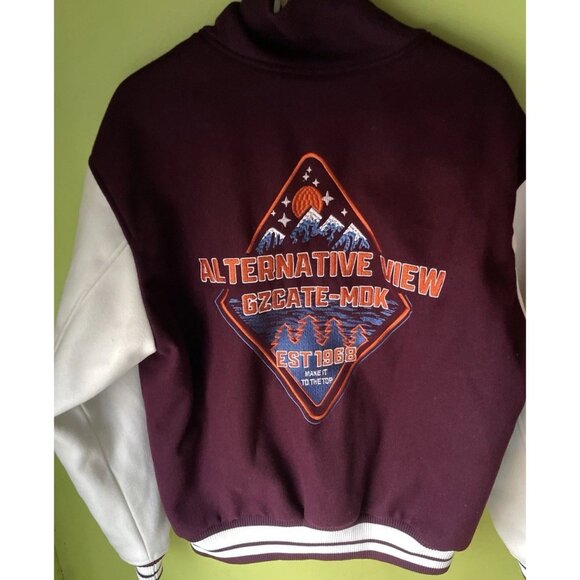 Zara Letterman Jacket Burgundy White Cream Wolf Men’s Jacket Sz Large NWT - Picture 11 of 16